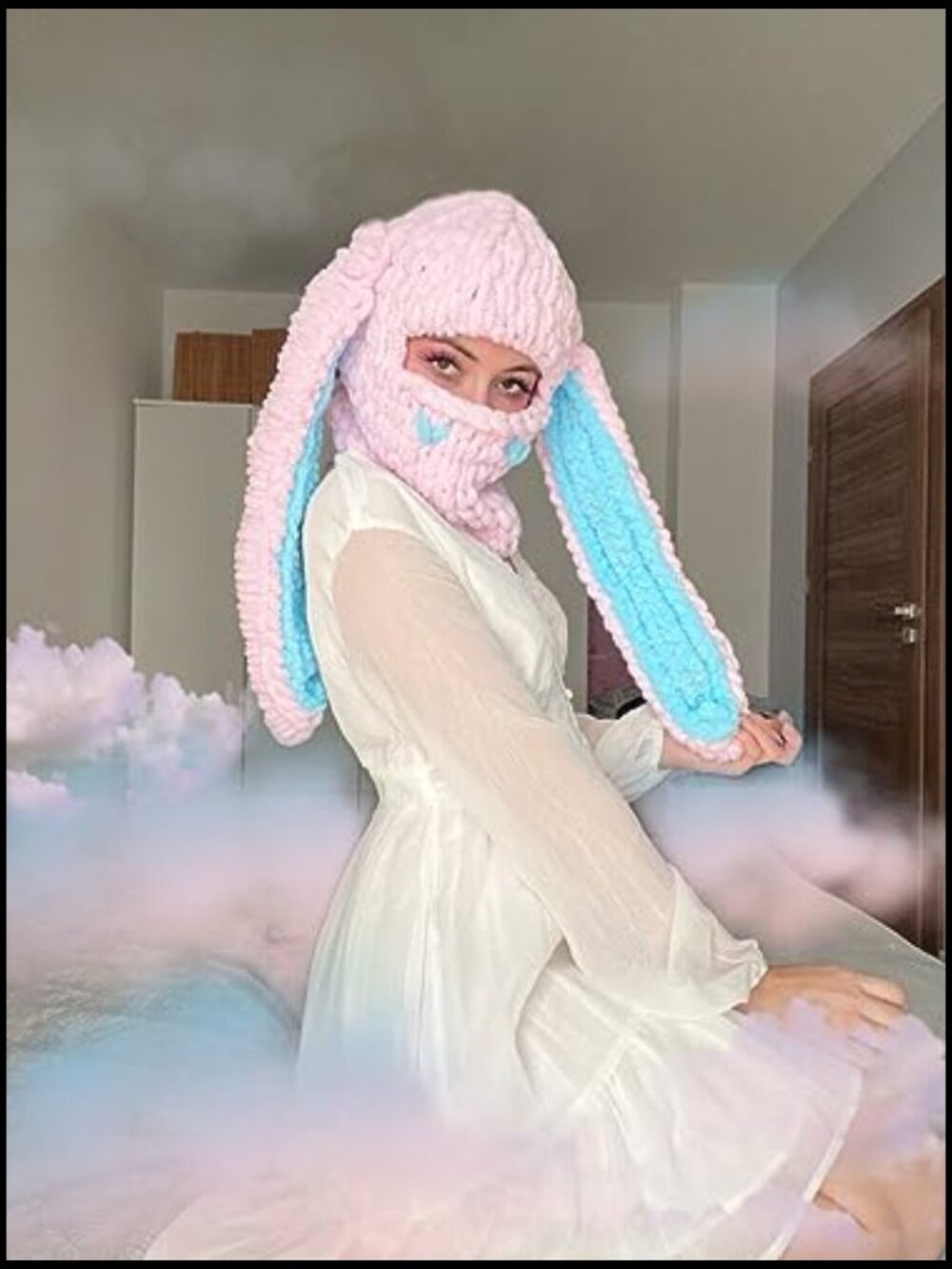 Knit Balaclava Face Mask with Bunny Ears Ski Scarf Winter Hat Beanie - Picture 4 of 4
